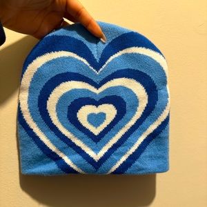 Blue and white beanie